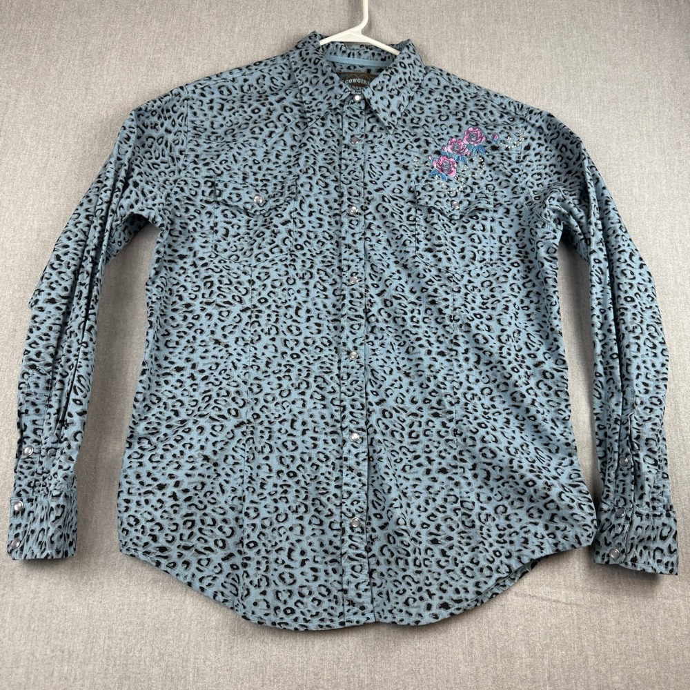 Cowgirl Hardware Women XL Blue Leopard Western Snap Rose Embroidery Rhinestone